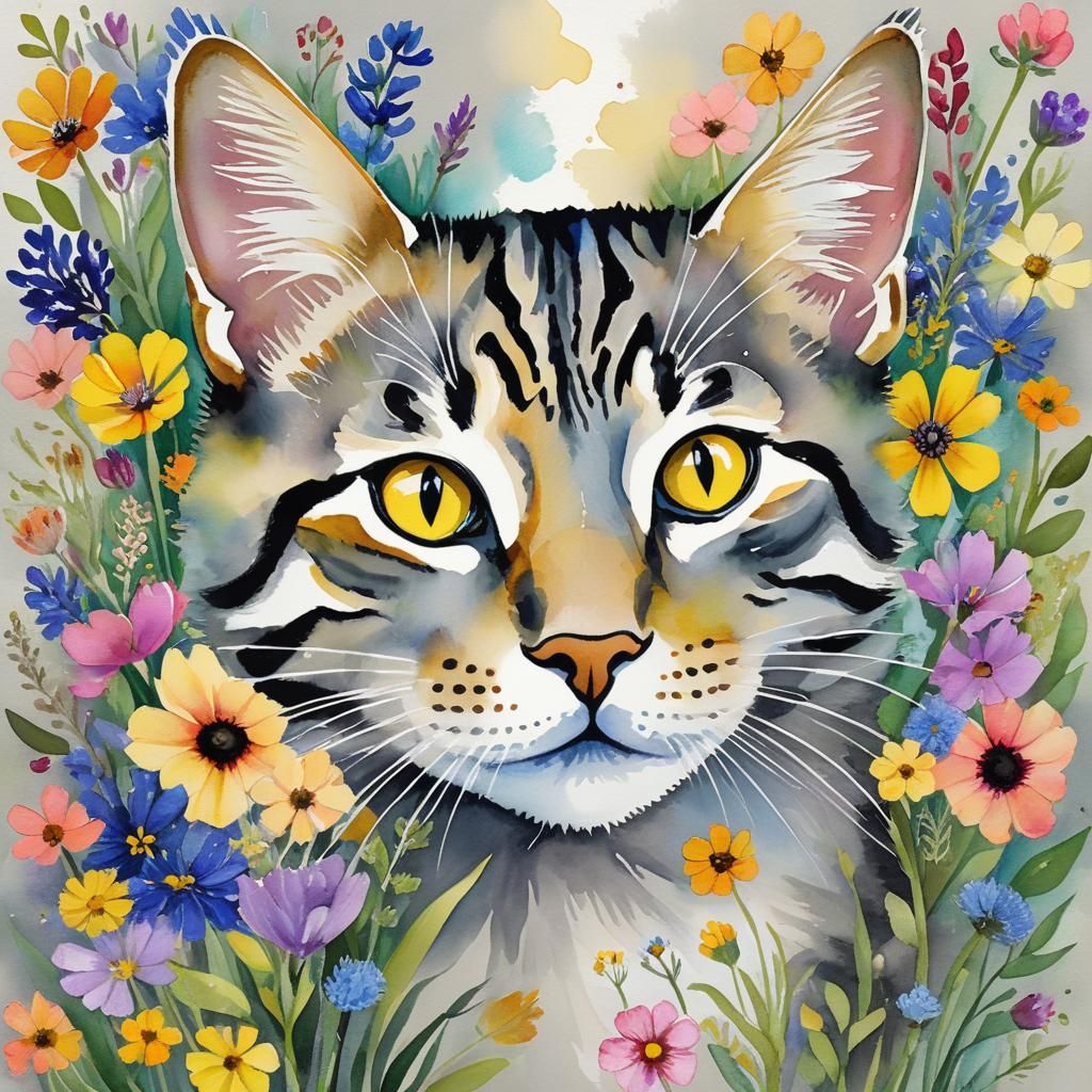 Floral Cat Face in Watercolor Gouache Style