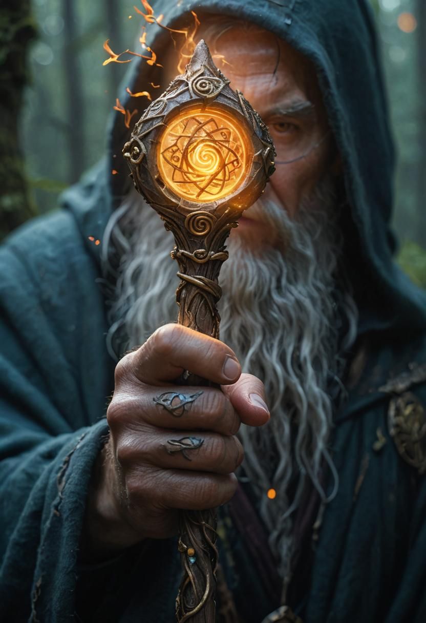 Mystical Staff Adorned with Glowing Runes in Fantasy Forest