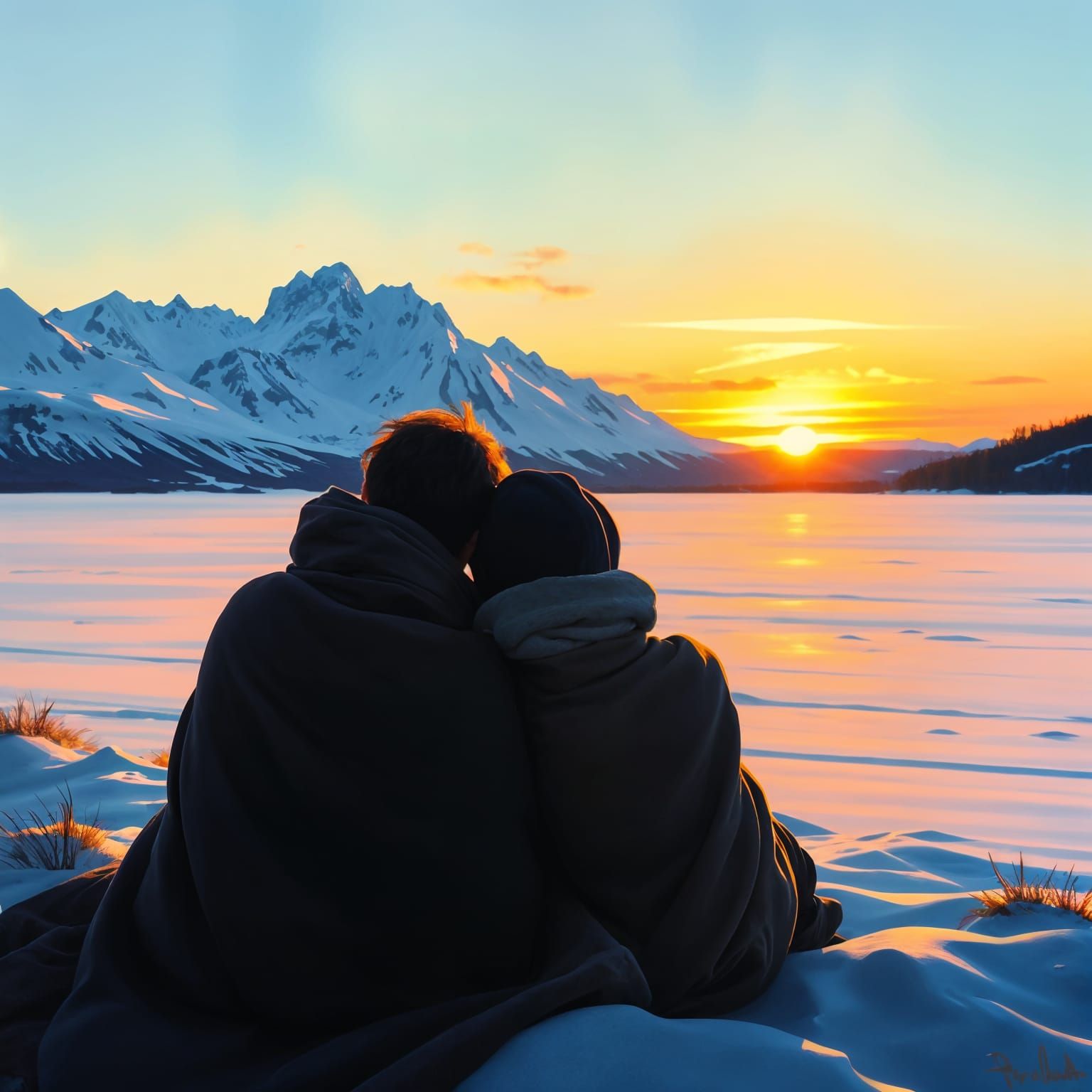 Arctic Sunrise Oil Painting of Figures in Love