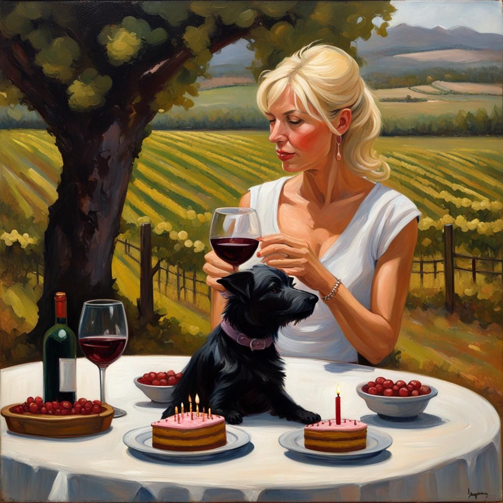 Vineyard Birthday: Blonde Woman with Dog, Oil Painting