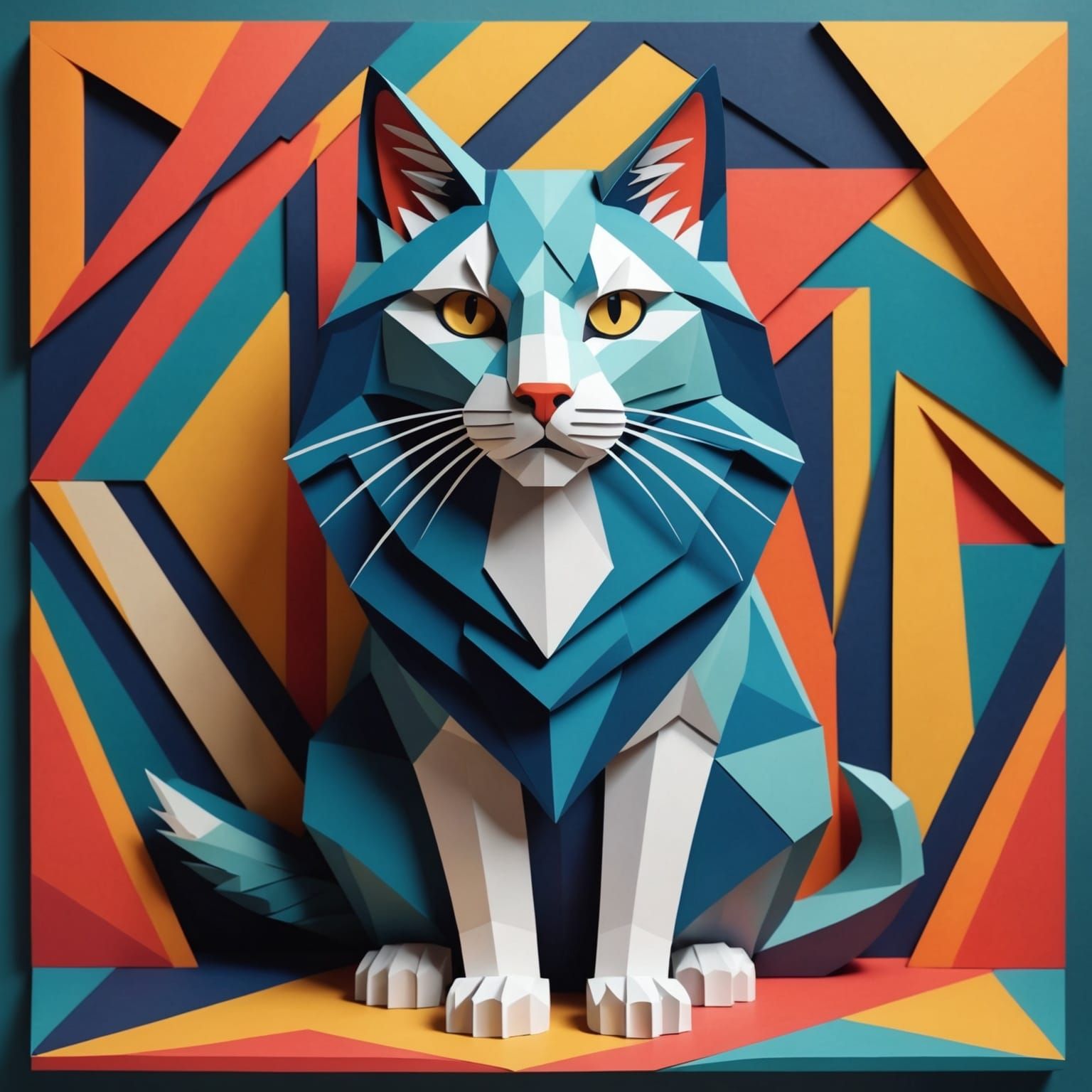 Geometric Paper Cat Sculpture, Cubist Art Deco Style
