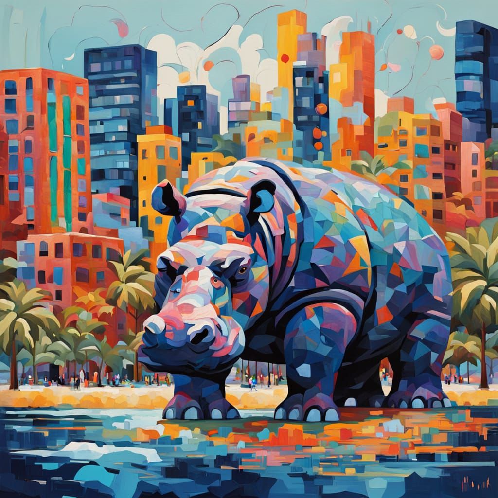 Abstract Cityscape on Giant Hippo, Impasto Style