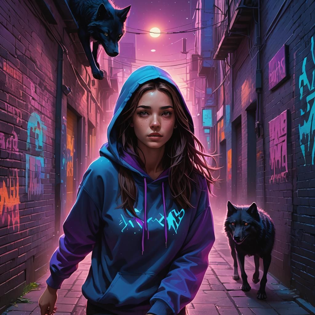Girl and Wolf in Neon Alleyway