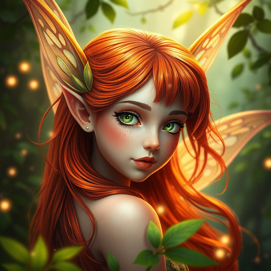 Enchanting Fairy Portrait with Red Hair, Digital Art