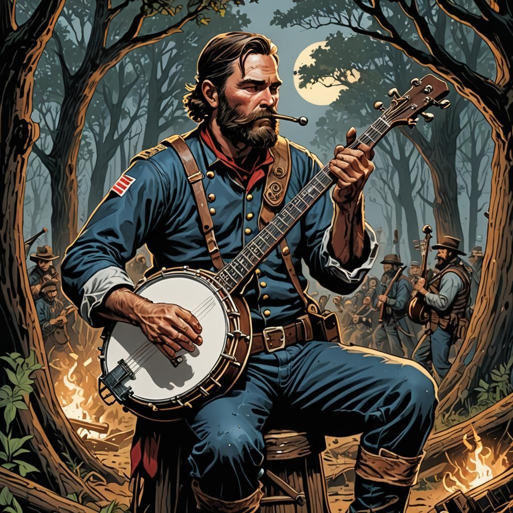 Civil War Soldier Playing Banjo in Comic Art