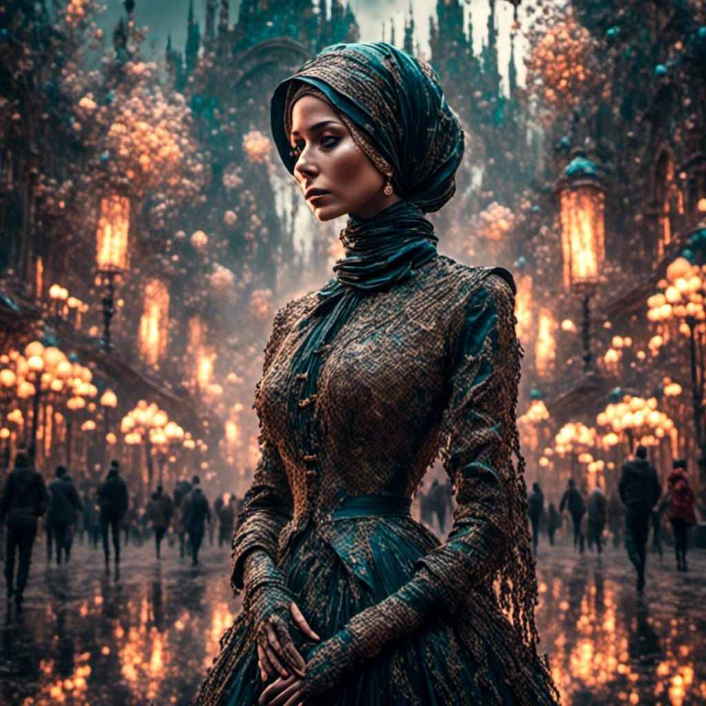 Victorian Woman in Hijab, Modern City Concept Art