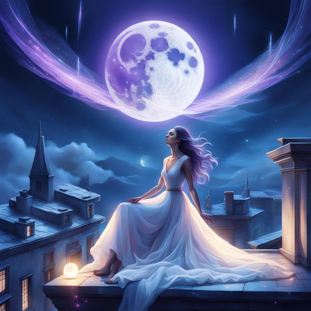 Ethereal Woman Gazing at Broken Moon, Art Nouveau