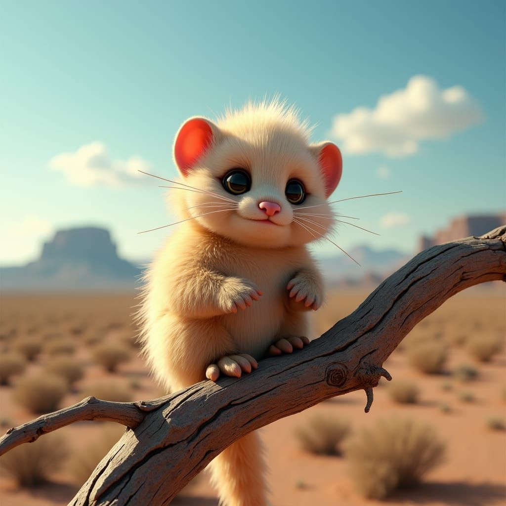 Hyperrealistic, cute, adorable, fluffy scavenger, on a branch in the wild west.Surrealistic, black shine, concept art, h...
