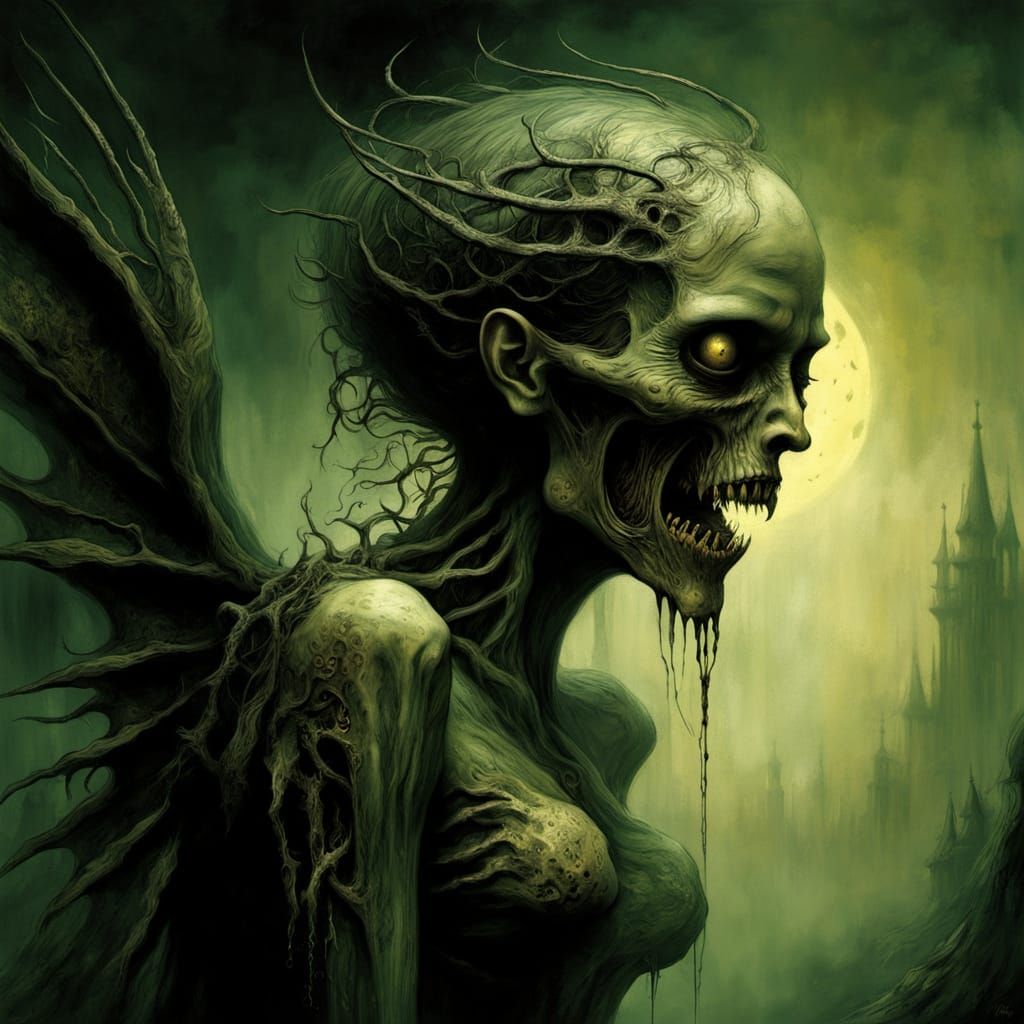 Grotesque Fairy Emerges from Shadows in Dark Fantasy
