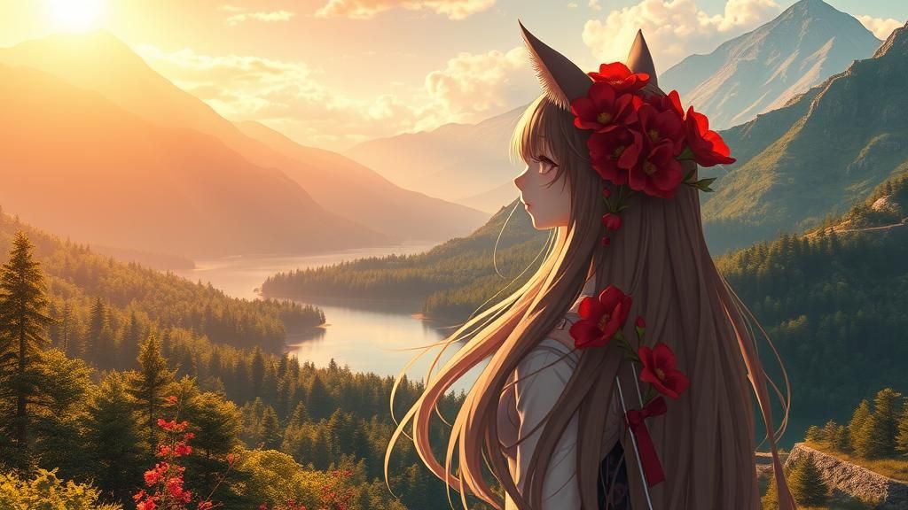 Cat Girl in Anime Style with Red Flowers