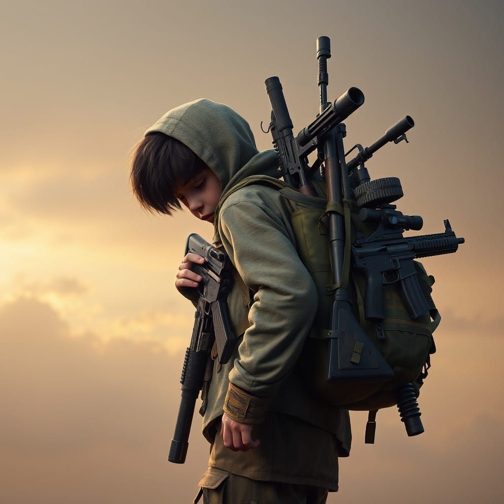 Young Adventurer Carries a Diverse Arsenal in a Muted Landsc...