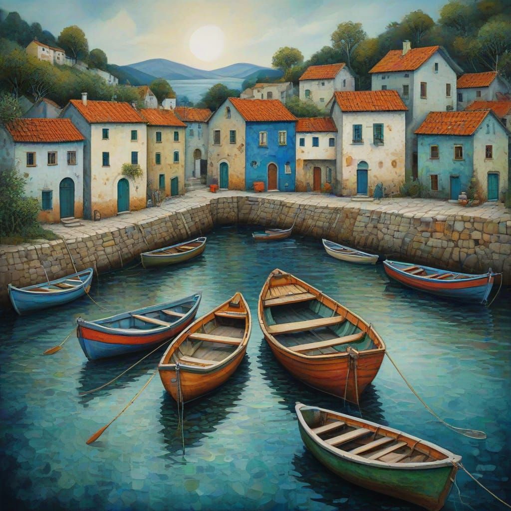 Whimsical Fishing Village in Folk Art Style