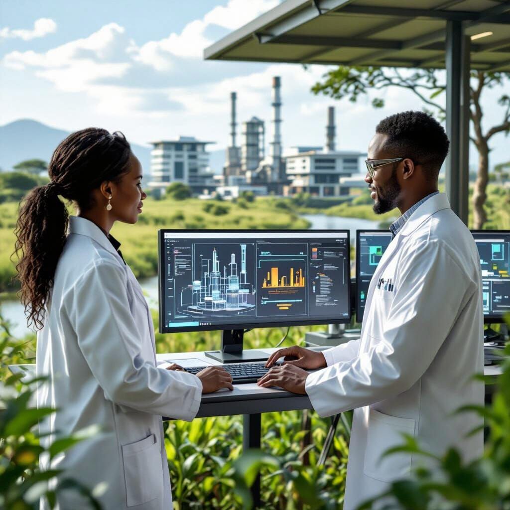 African Engineers Monitor Digital Twin in Cyberpunk Savannah