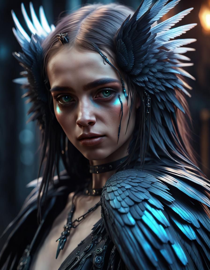 Harpy Girl Portrait in Gothic Cyberpunk Style