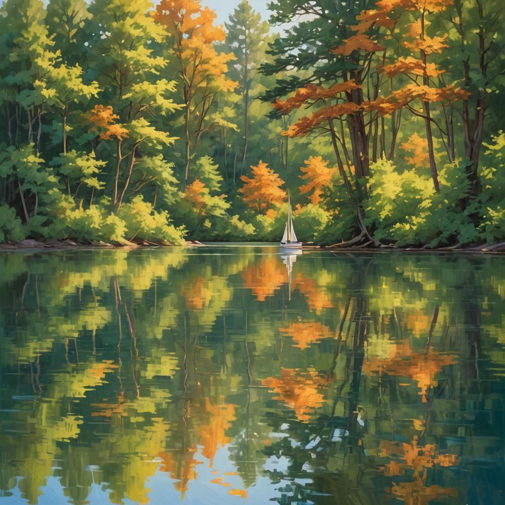 Impressionistic Summer Lake with Sailboat