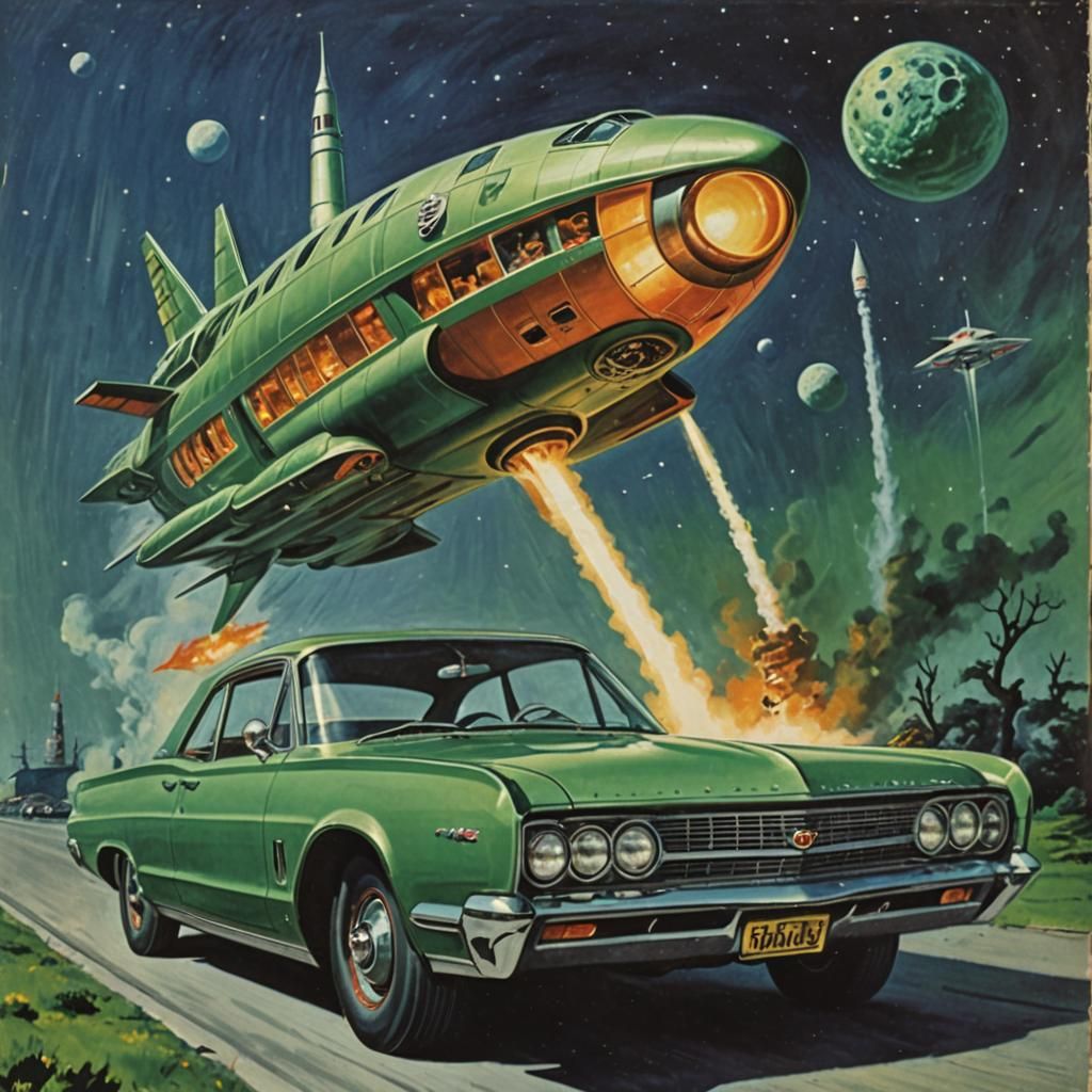 Atomic Rocket Car with Alien, Vintage Ad Style