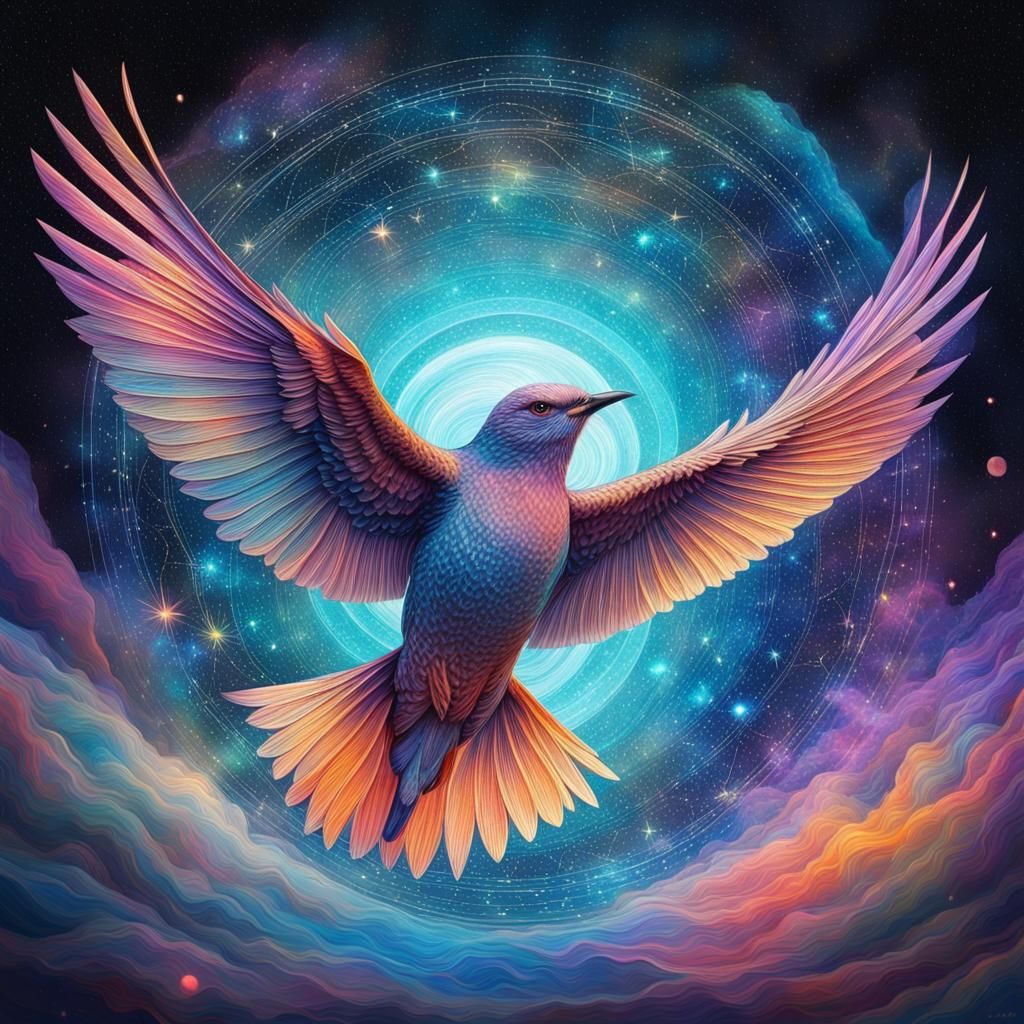 Bird in Flight: Holographic Astral Cosmic Illustration