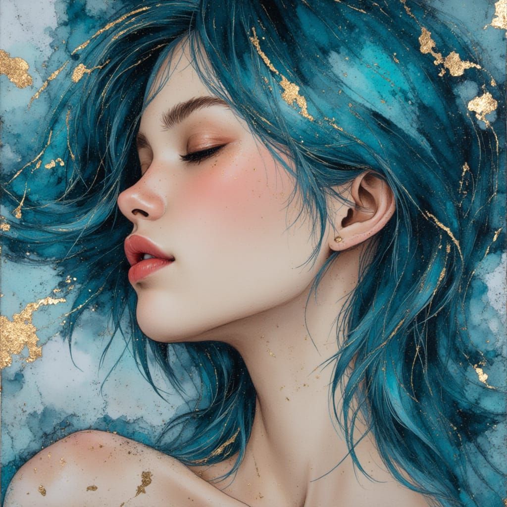 Luminous Portrait of Woman with Teal Hair and Metallic Accen...