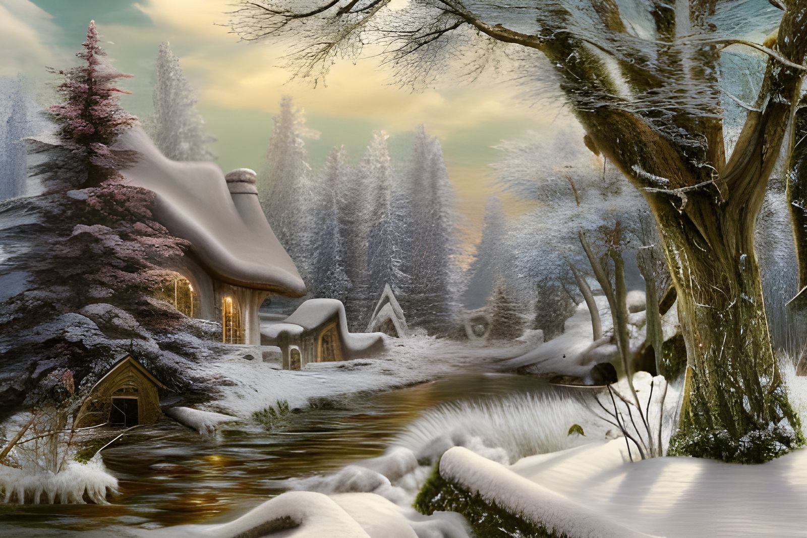 Fantasy House in Snowy Forest, Hyperrealistic Winter Scene