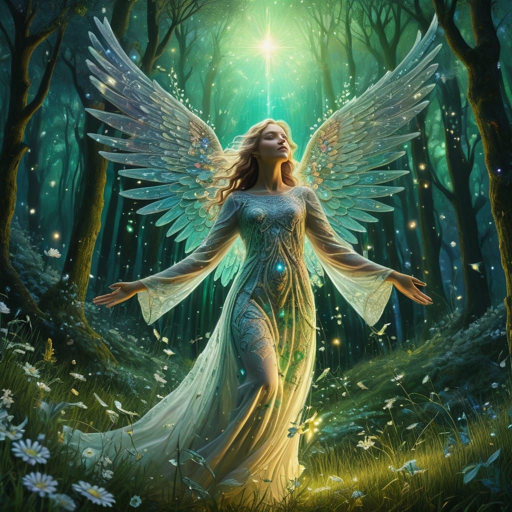 Angel Descends to Woodland: Surrealist Oil Painting