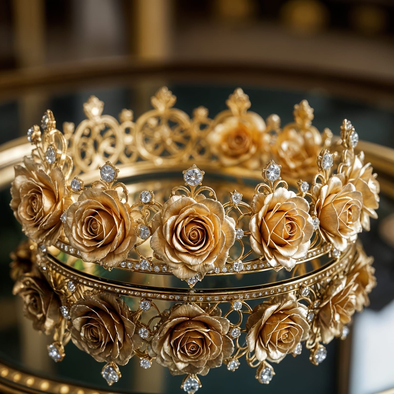 Golden Rose Crown with Diamond Dew Drops on Mirror Table