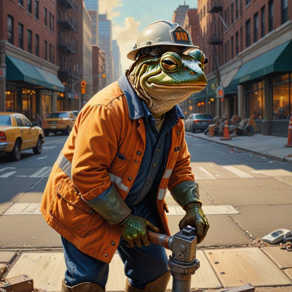 Frog Construction Worker in Rockwell Style Oil Painting