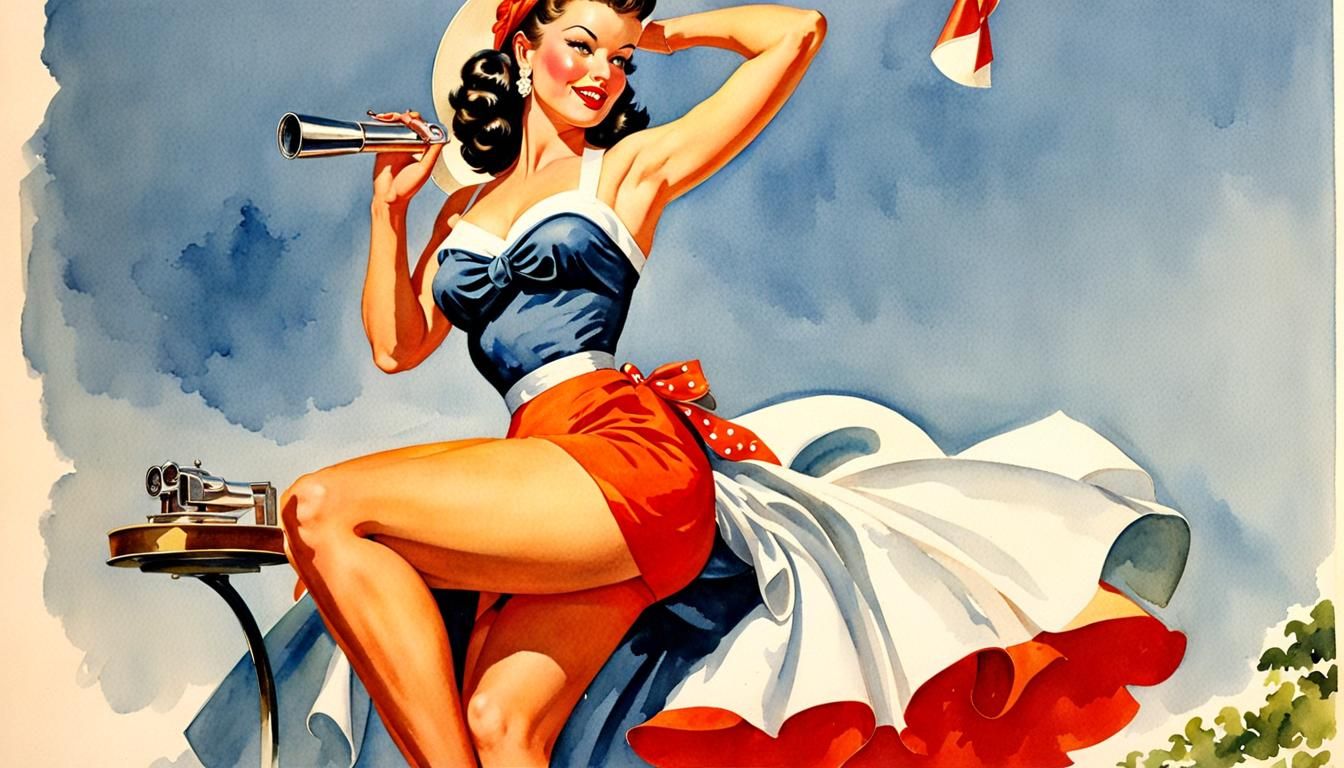 1950s Pin-Up Girl in Watercolor Style