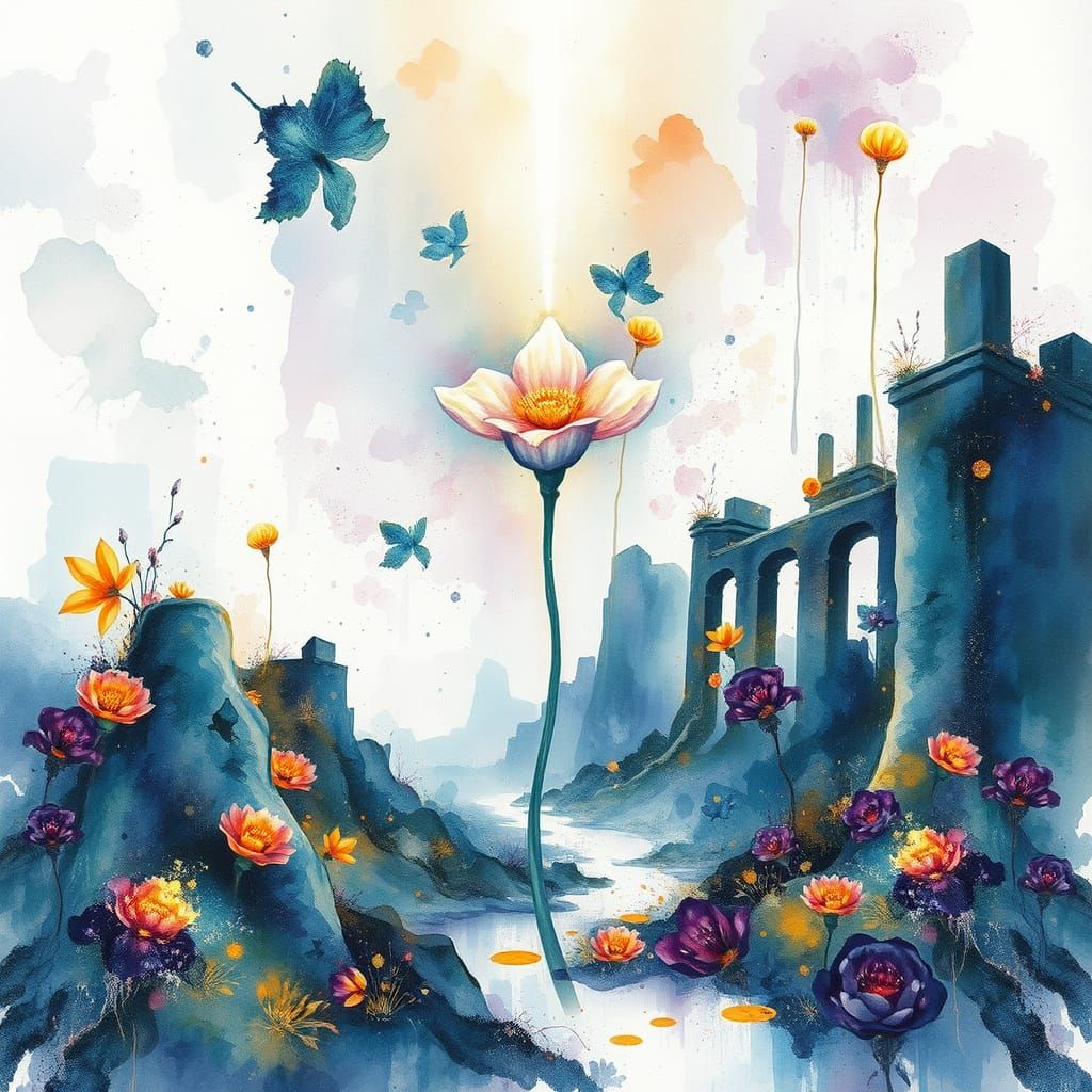 Ancient Ruins Radiate Serenity in Ethereal Watercolour