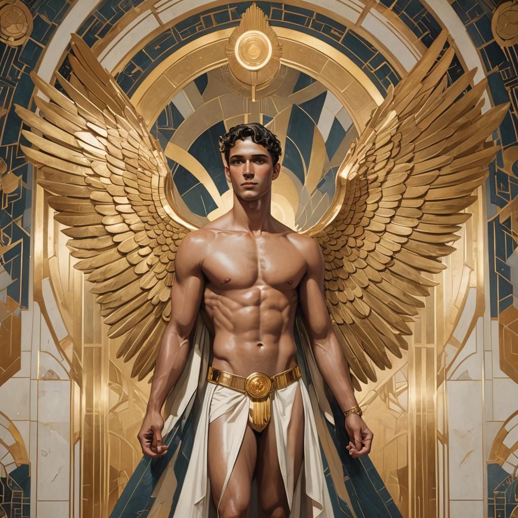 a shirtless Art deco male with golden wings and a halo in a room with art deco finishings