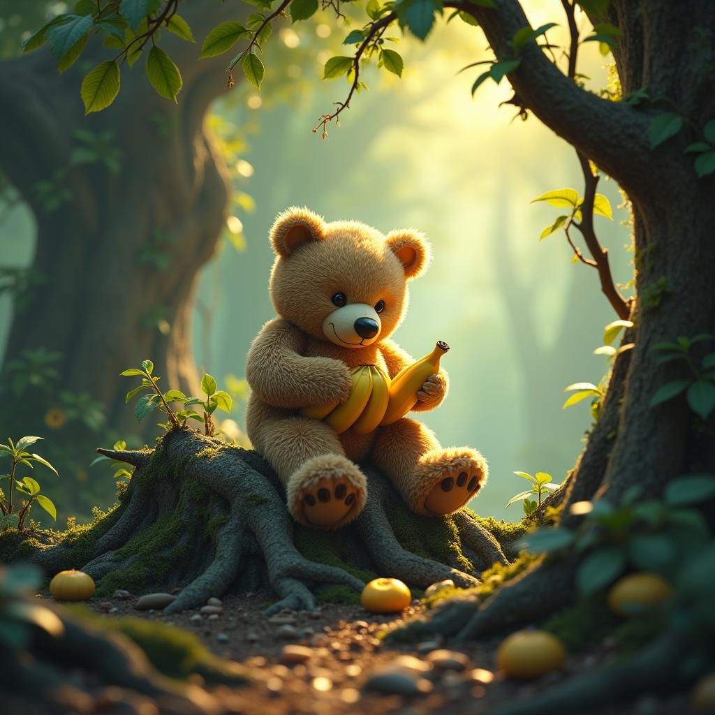 Teddy Bear in Mystical Forest: Detailed Matte Painting