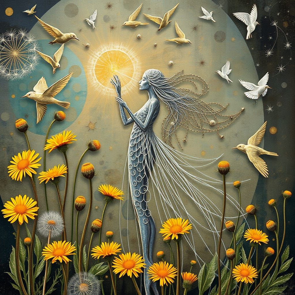 Ethereal Star Being Amidst Whimsical Dandelions in Dreamlike...