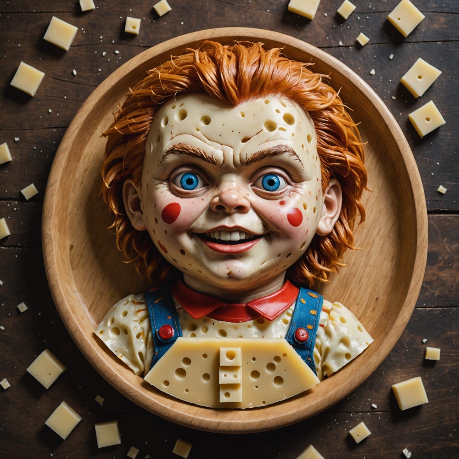 Chucky Cheese Character Formed from Swiss Cheese