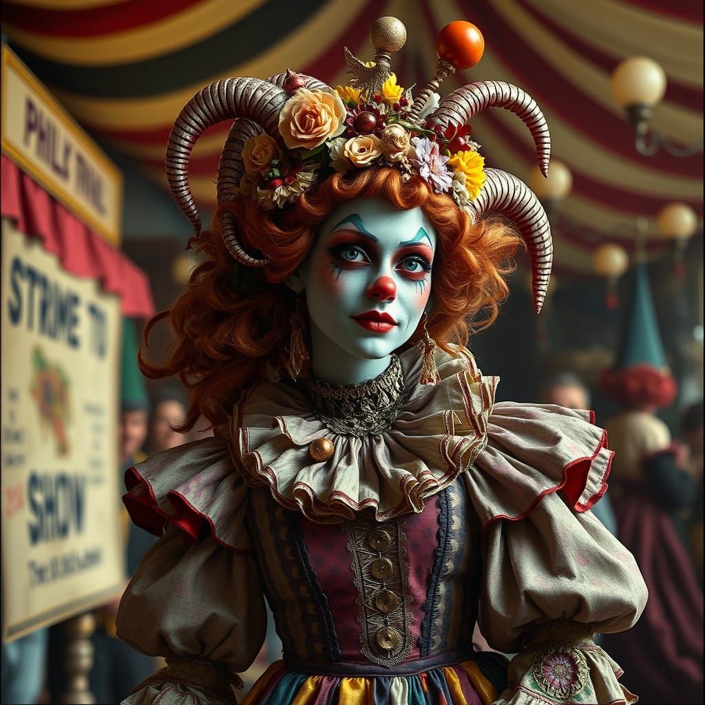 Aphrodite as Colombina in Freaky Festival Setting