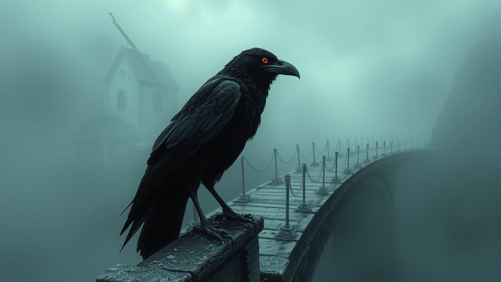 Surreal Raven Guards Ghostly Bridge to the Afterlife