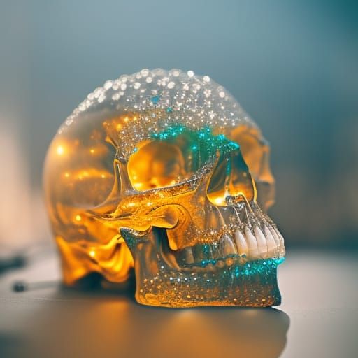 human skull made of glass in a mysterious cave, transparent,...