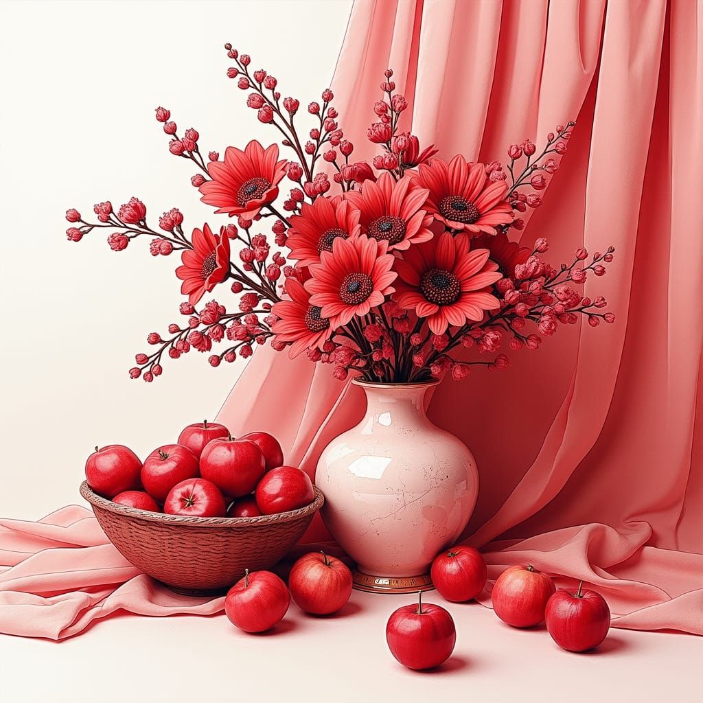 a monochromatic still life image using only the color red