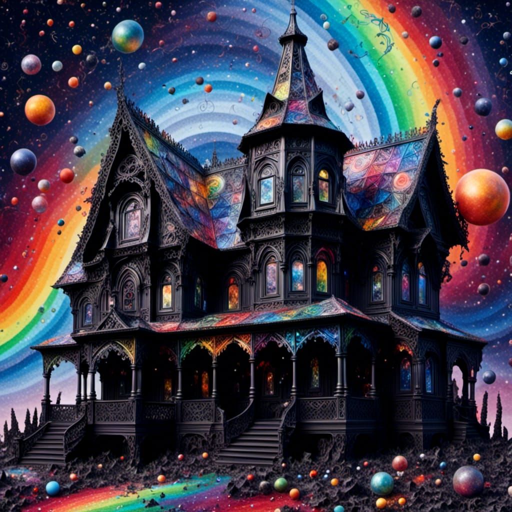 Gothic Black House in Galaxy with Rainbow Swirls