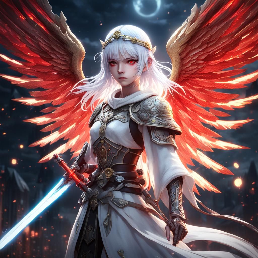 Anime Angel Girl with Light Sword and Wings