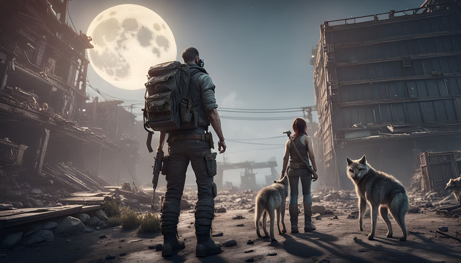 Post-Apocalyptic Couple with Wolves in 3D Render
