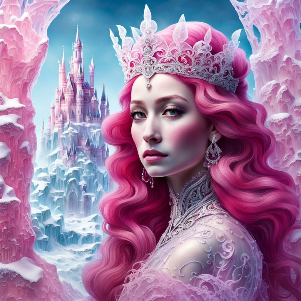 A Beautiful Enigmatic Queen Adorns a Pink Ice Sculpture