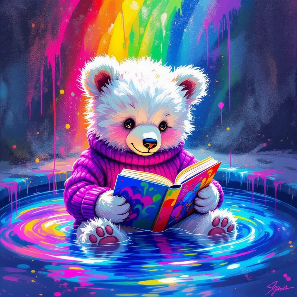 Lisa Frank Inspired Bear Cub Reading in Rainbow Pool