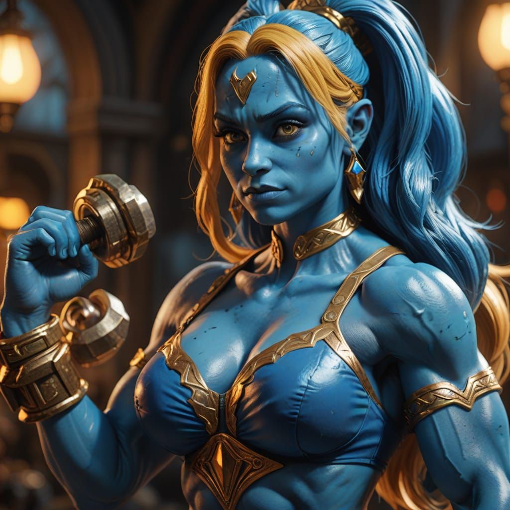 Hyper-Realistic Smurfette as a Bodybuilder