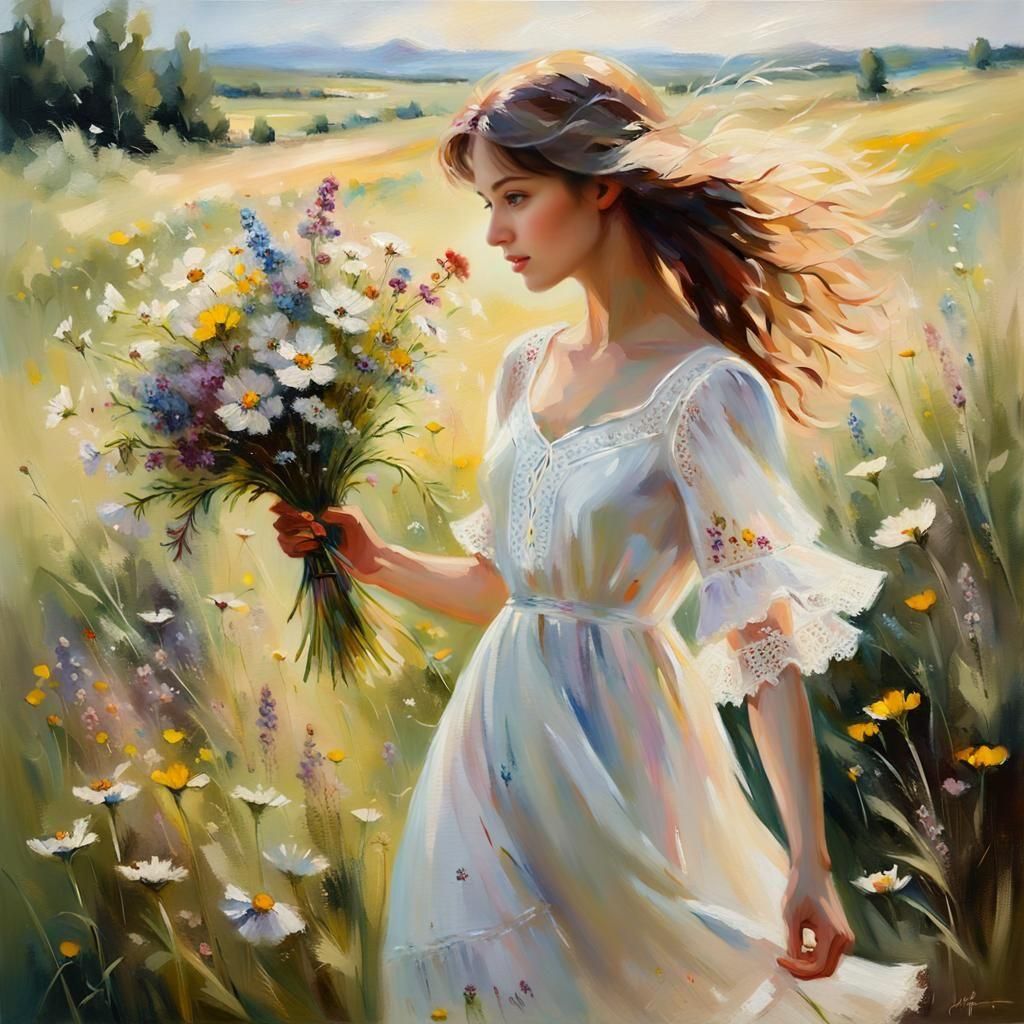 Woman Smelling Flowers in Oil Painting Style