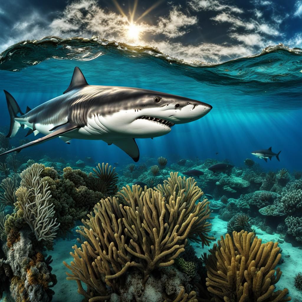 Photorealistic Tiger Shark in Blue-Green Ocean
