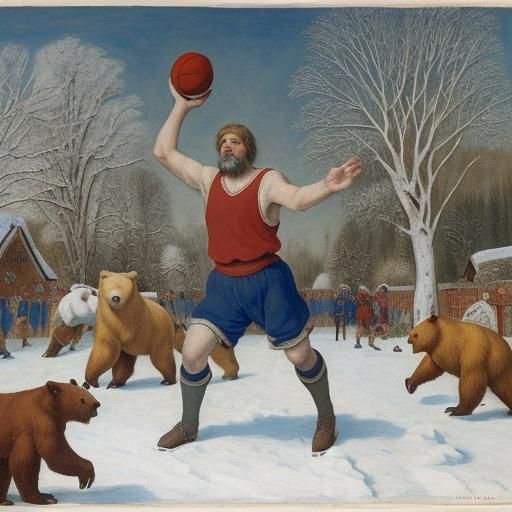 Peasant Bears Basketball Game in Expressionist Style