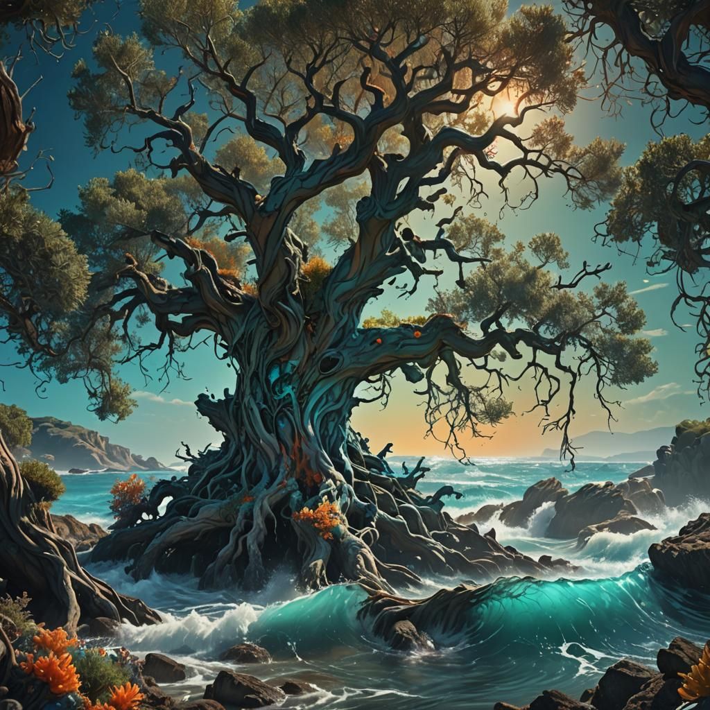Ancient Olive Tree Emerges from Ocean, Digital Art