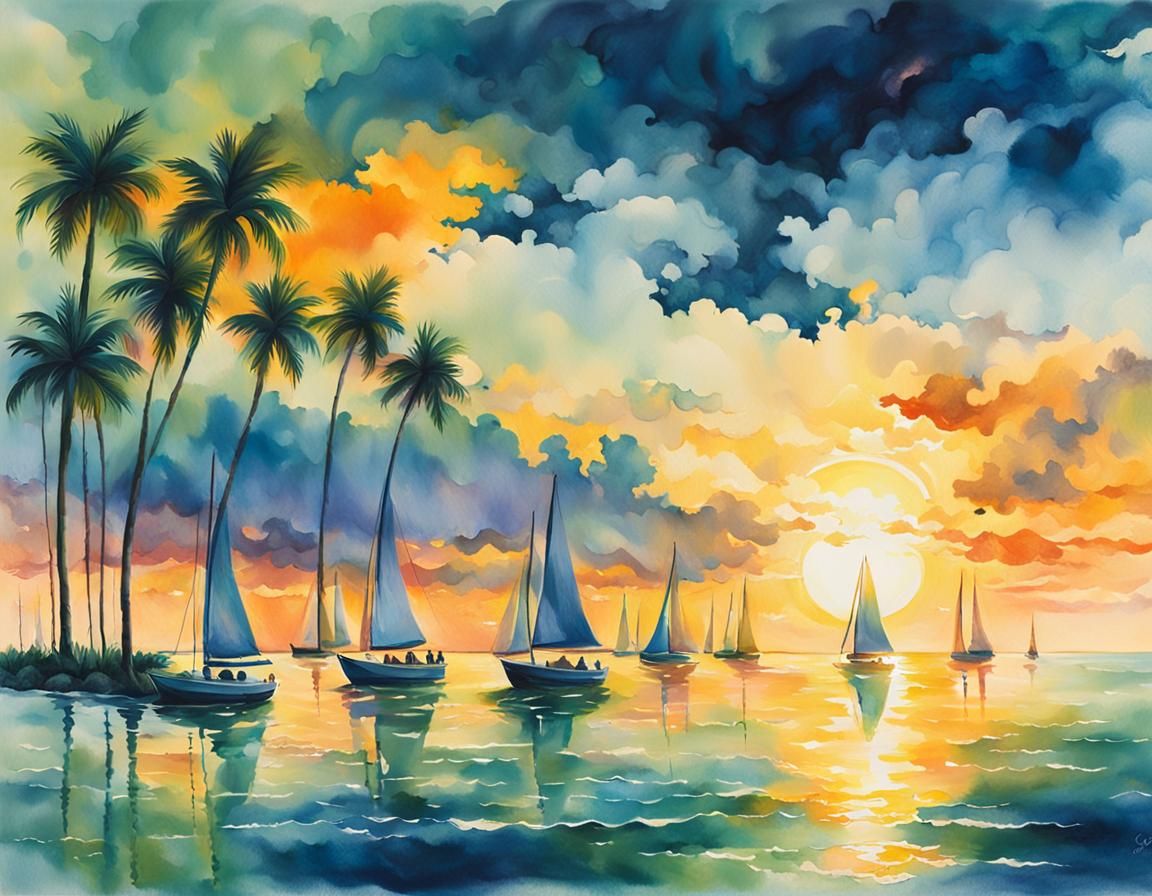 Sunset Over Ocean: Gouache Painting with Golden Light