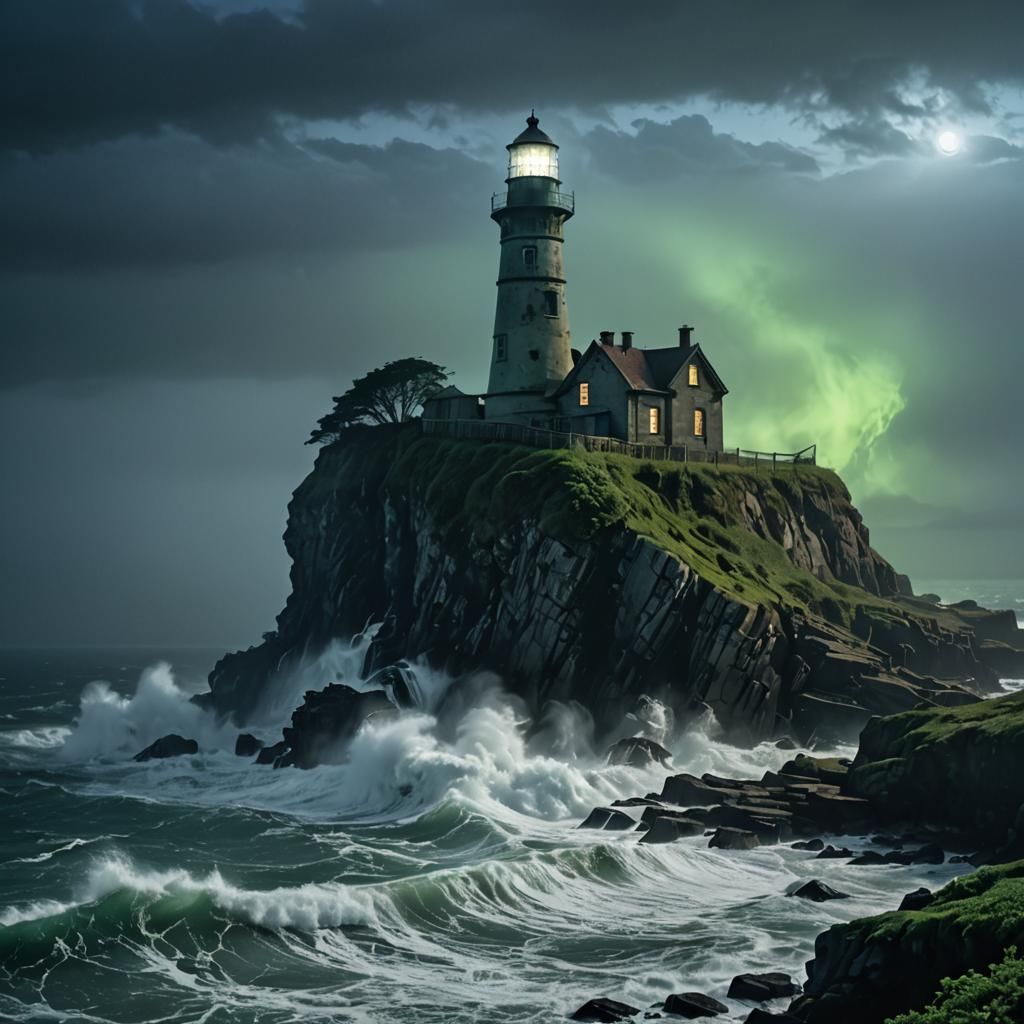 Haunted Lighthouse with Ghost Ships in Stormy Sea