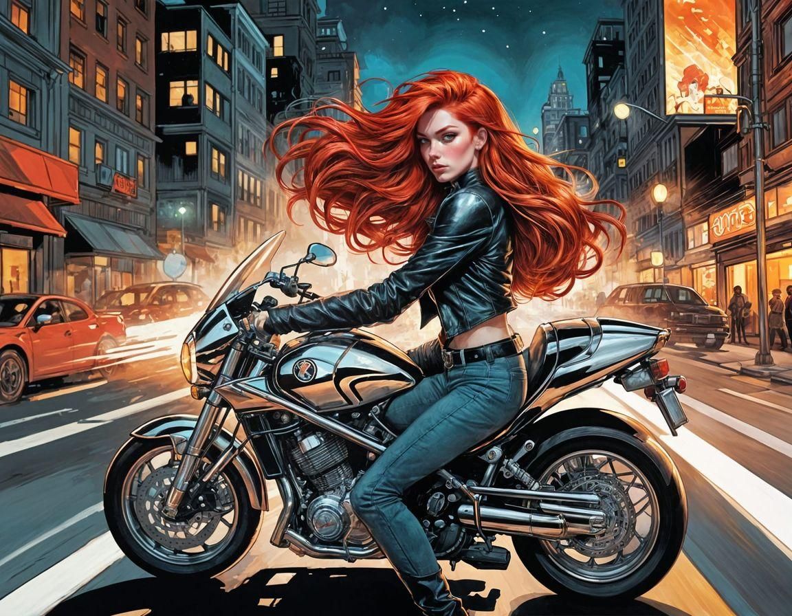 Redhead Motorcyclist: Comic Book Art Style