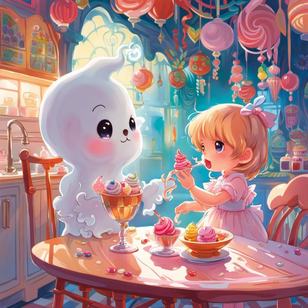 Cute Baby Ghost and Ice Cream, Anime Style